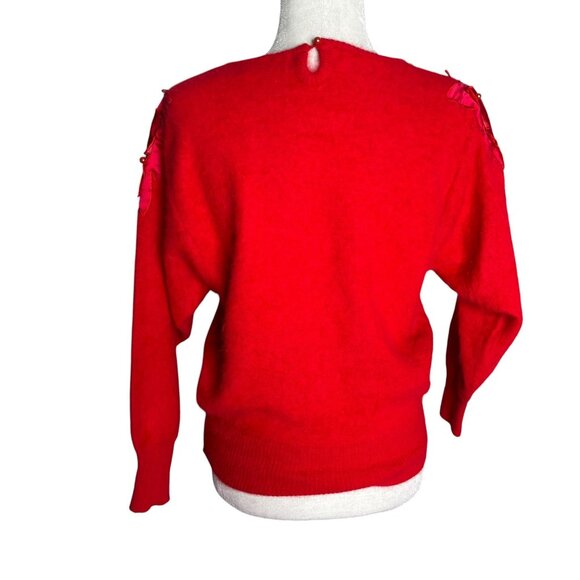 Vintage Fontaine Knit Red Angora Pullover Sweater Beaded Leaf Applique - Picture 4 of 7